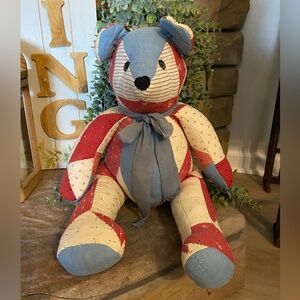 Vintage Handmade Patchwork Teddy Bear - Red, Cream & Blue w/button eyes